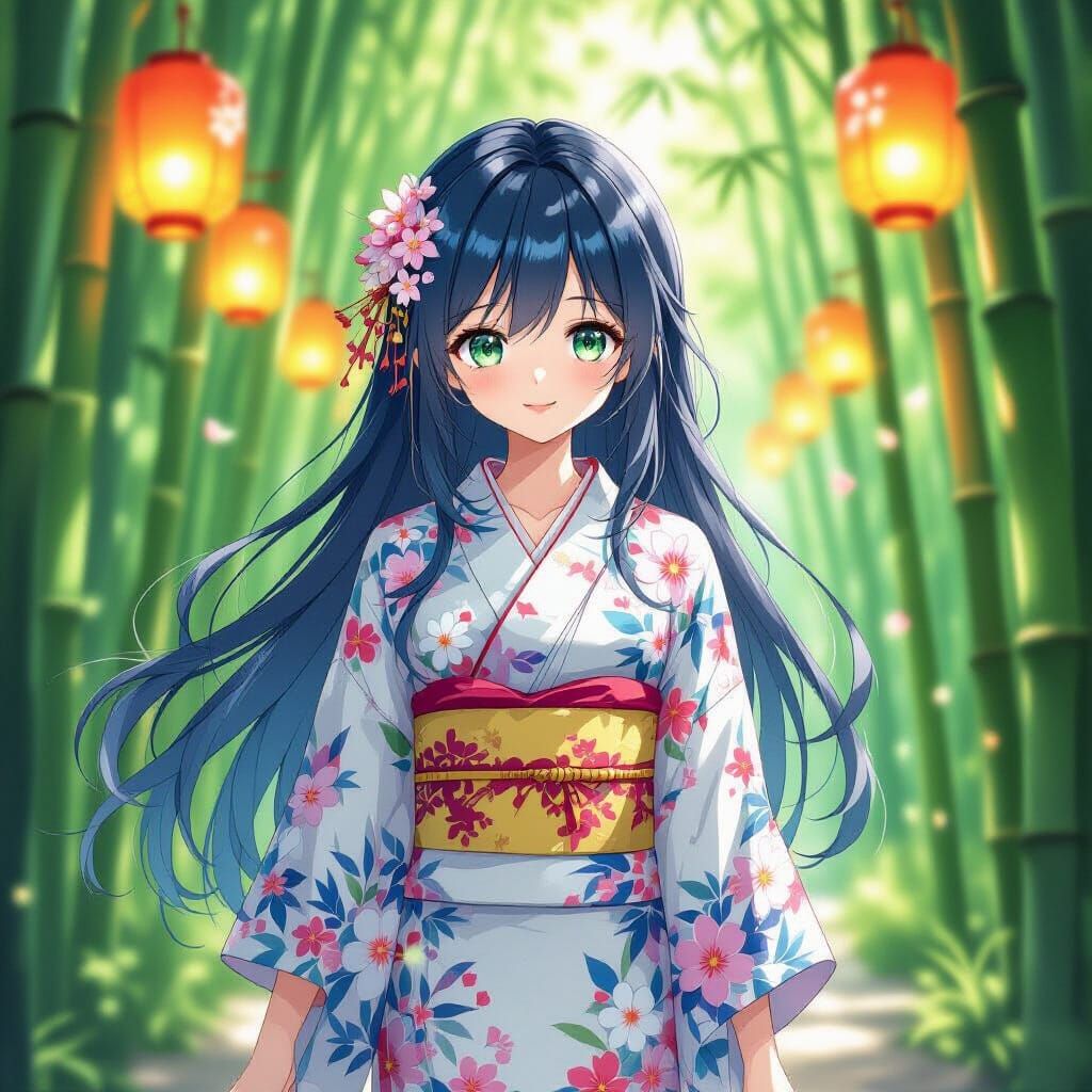 Anime Girl in Bamboo Forest: Painterly Style