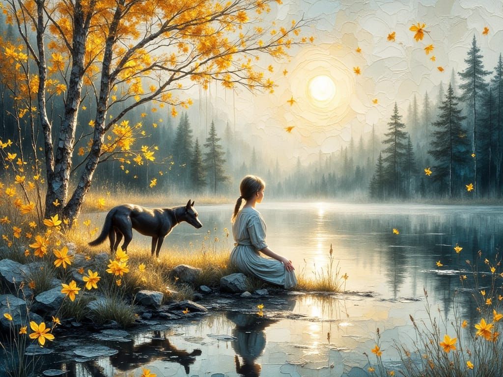 Girl and Dog at Misty Lake: Mixed Media Art