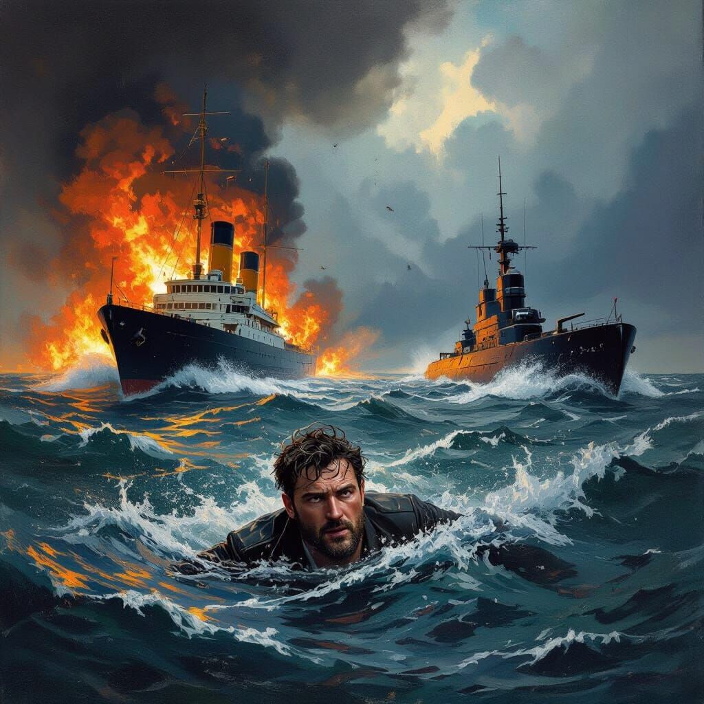 Man Drowning Amidst Sinking Yacht and U-boat Attack