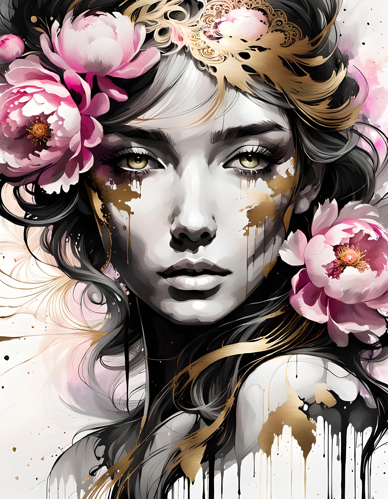 Filigree Fractal Girl with Peonies in Ink Style