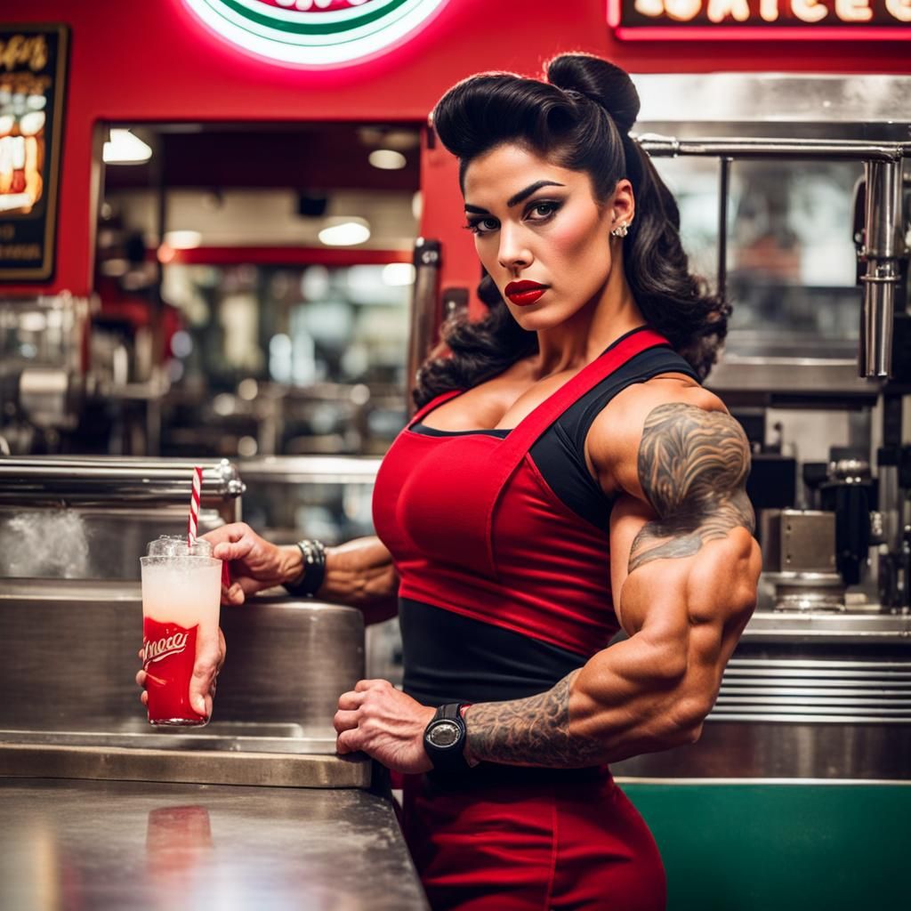 Muscular Diner Waitress with Tattoos, Photorealistic Portrai...