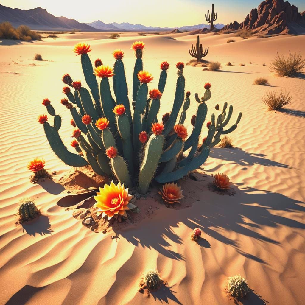 Cactus Flower in Desert: Matte Painting Style