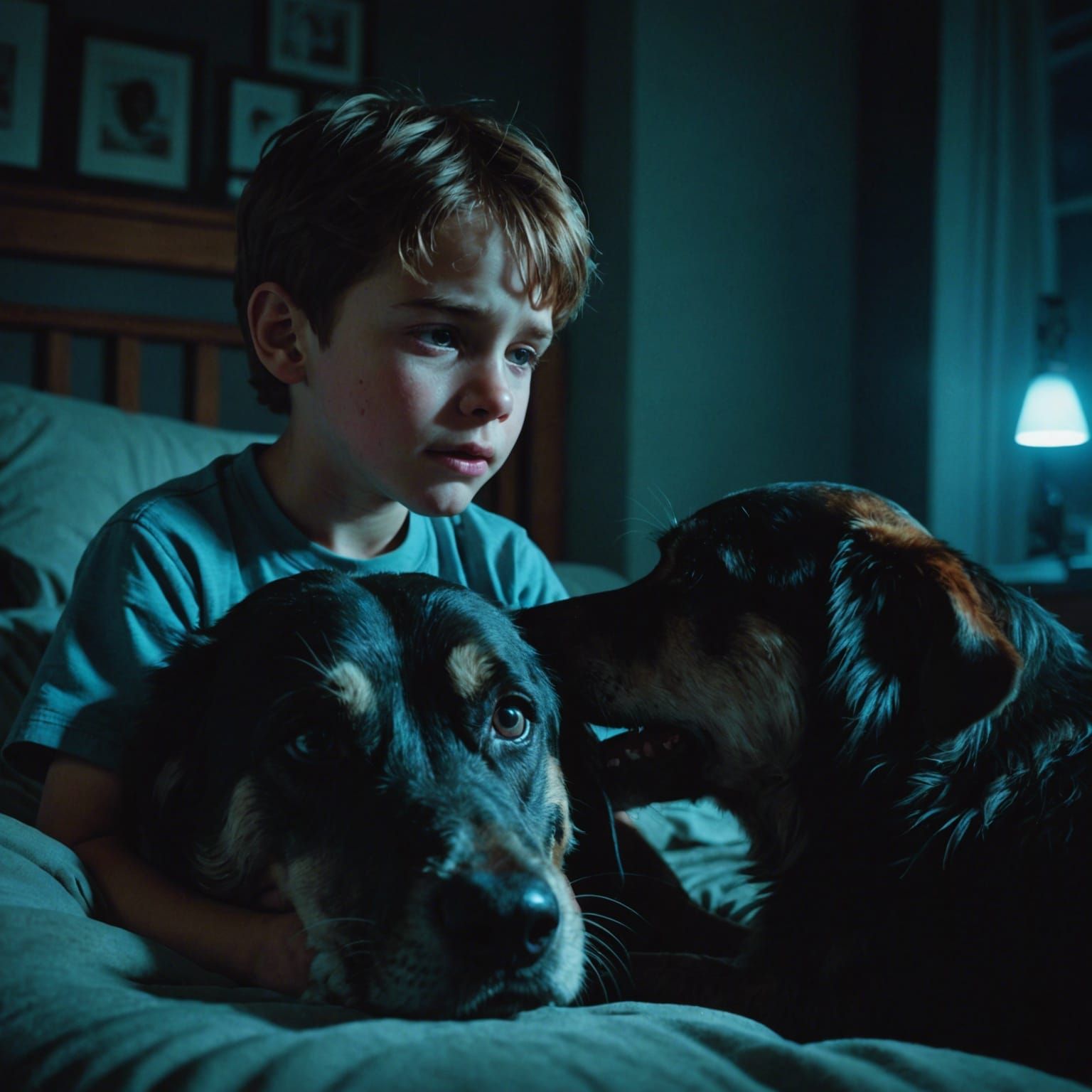 Boy Comforted by Bioluminescent Souls of Dogs