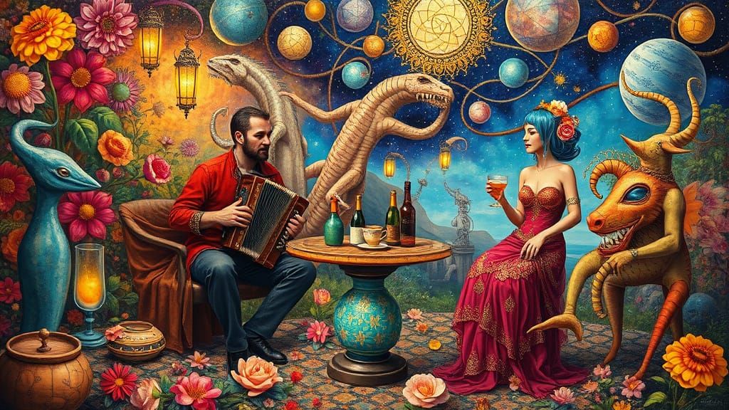 Psychedelic Utopia with Cosmic Dancers and Sacred Geometry