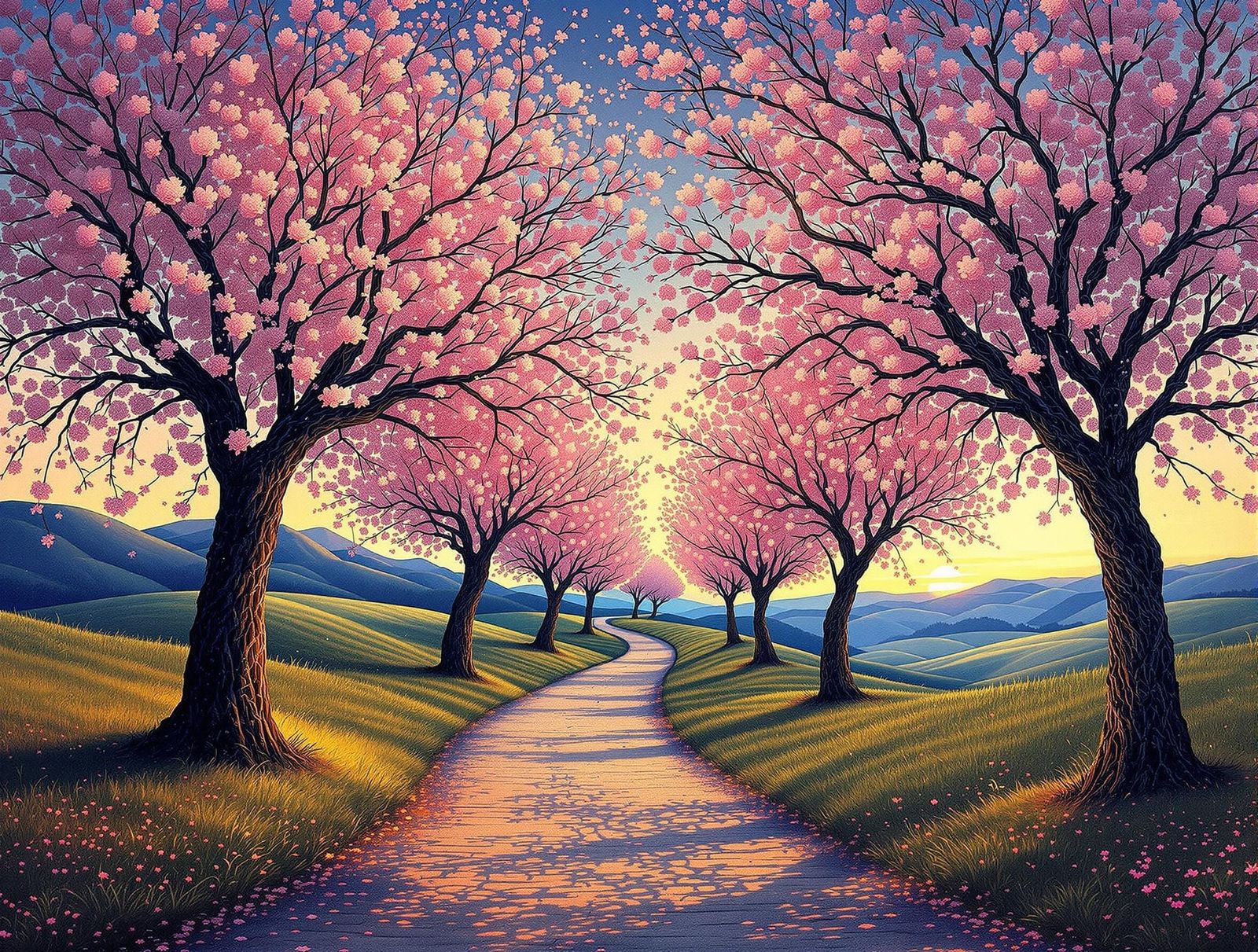 Surreal Cherry Blossom Avenue in Dreamlike Landscape