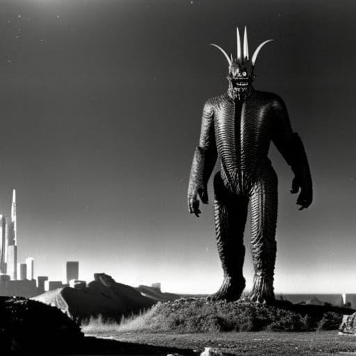 1950s science-fiction film where a kaiju Giant Living dead Zombie destroys Los Angeles