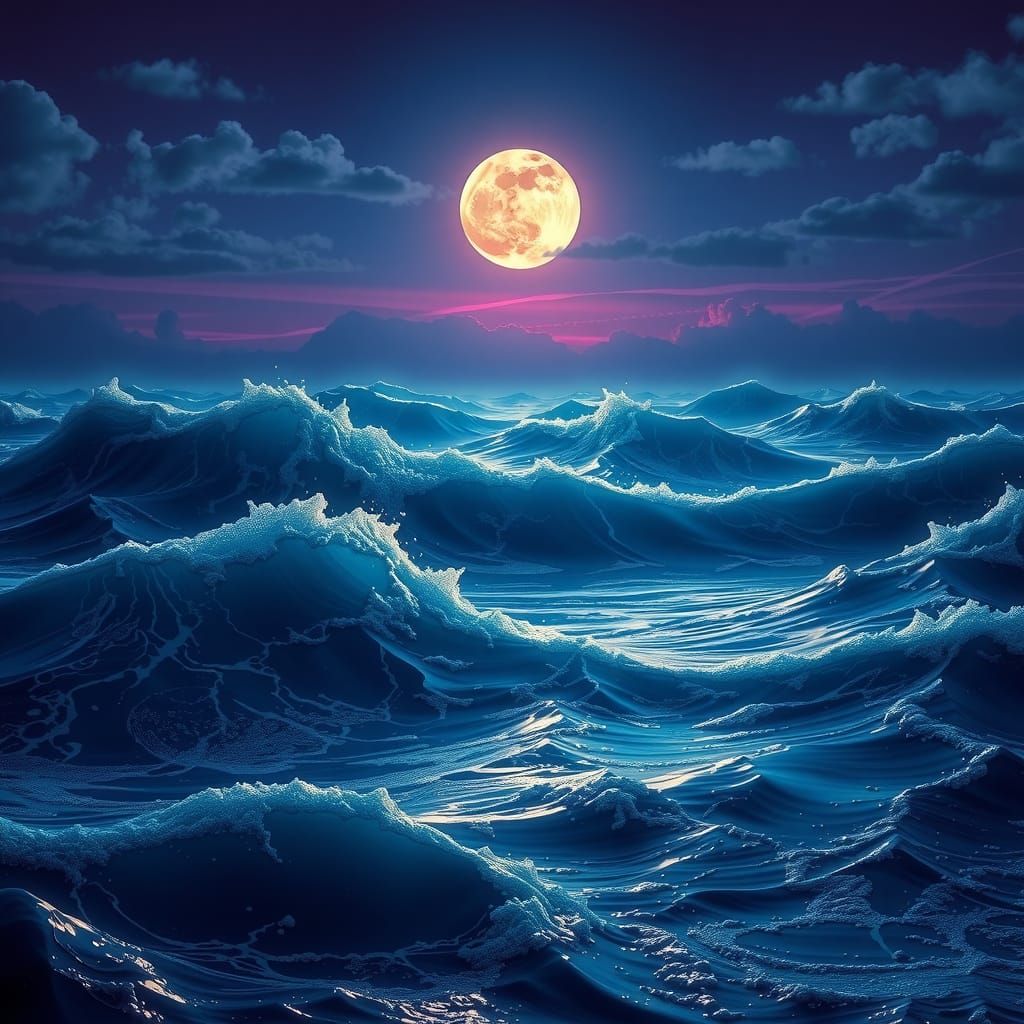 Moonlit Ocean Waves: A Matte Painting