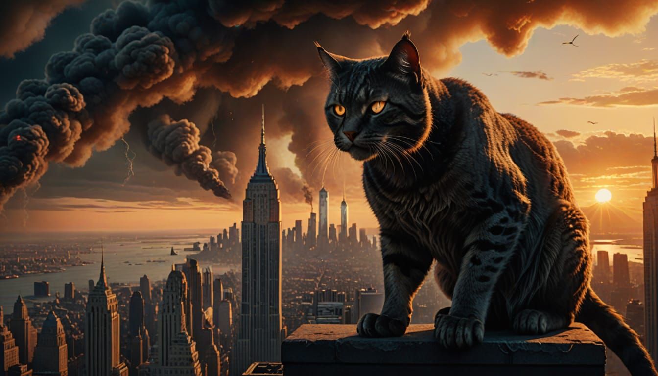 Giant Cat Climbs Empire State Building in Dark Fantasy Art