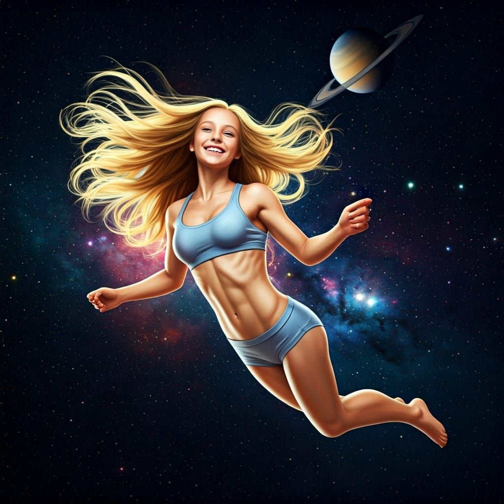 Girl in Space with Saturn in Hyperrealistic Style