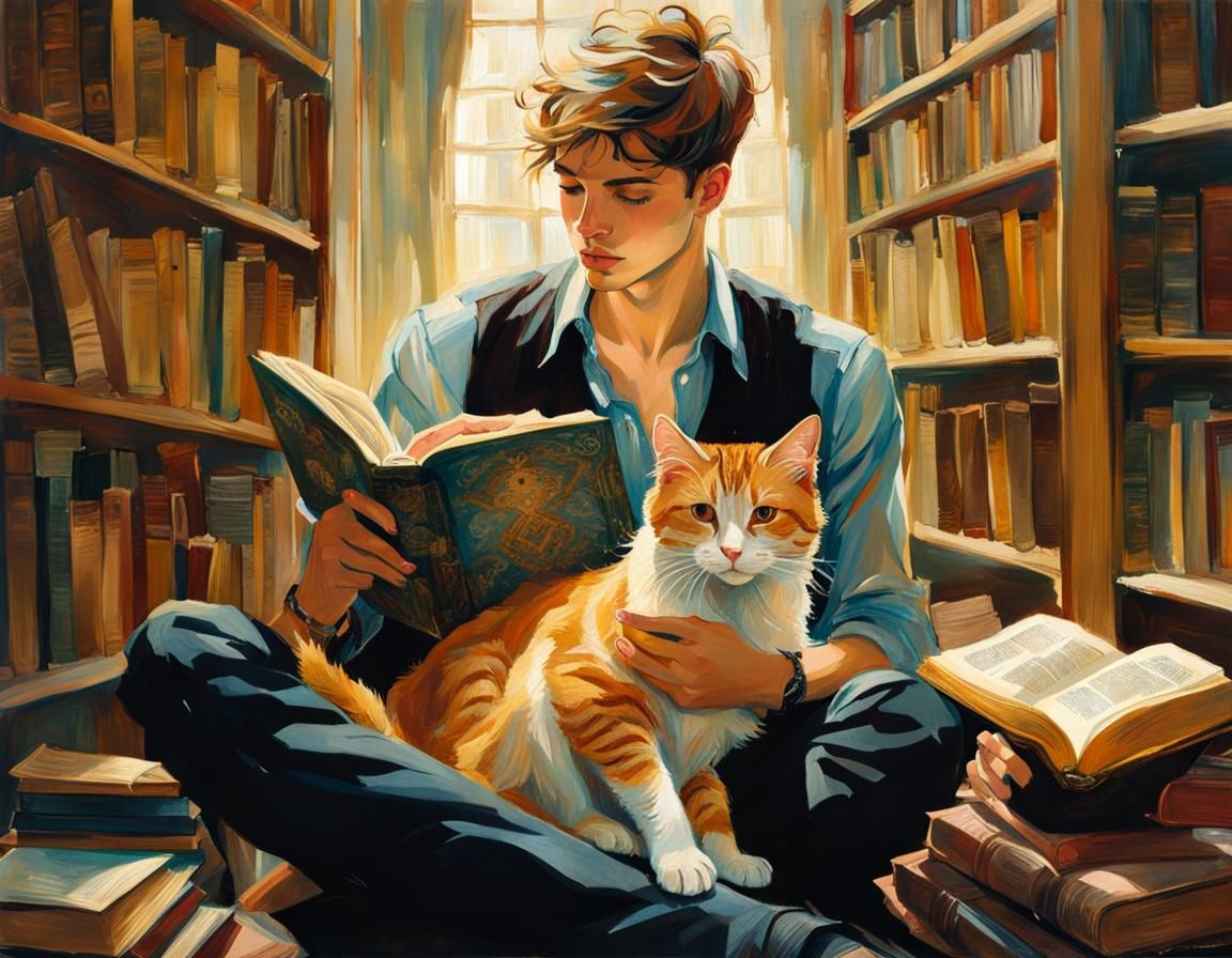 Reading with his cat