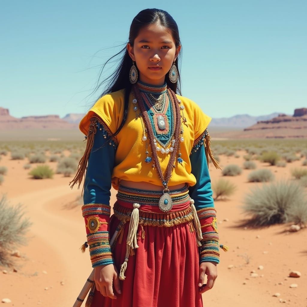Navajo Teen in Desert Landscape, Vibrant Art