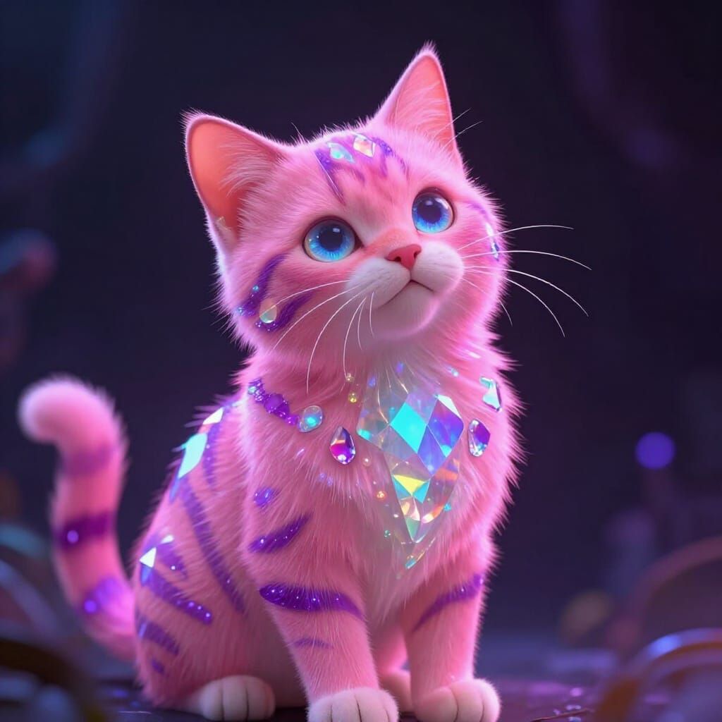 Gemstone Cat with Neon Pink Fur and Bioluminescent Stripes