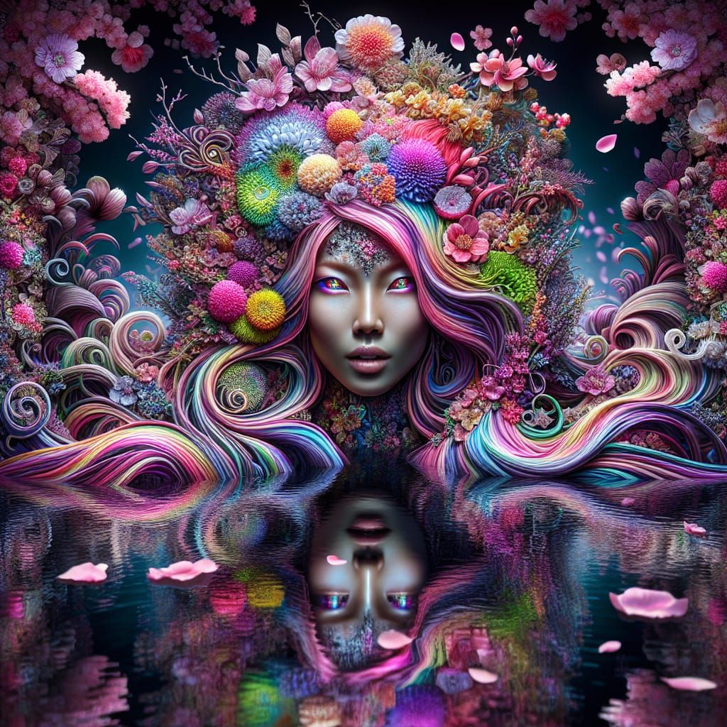 Rainbow Haired Woman Emerges from Pond in Digital Art