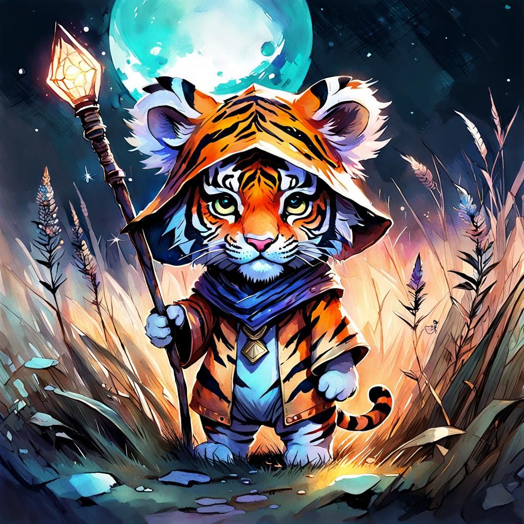 Chibi Tiger Wizard in a Sci-Fi Meadow