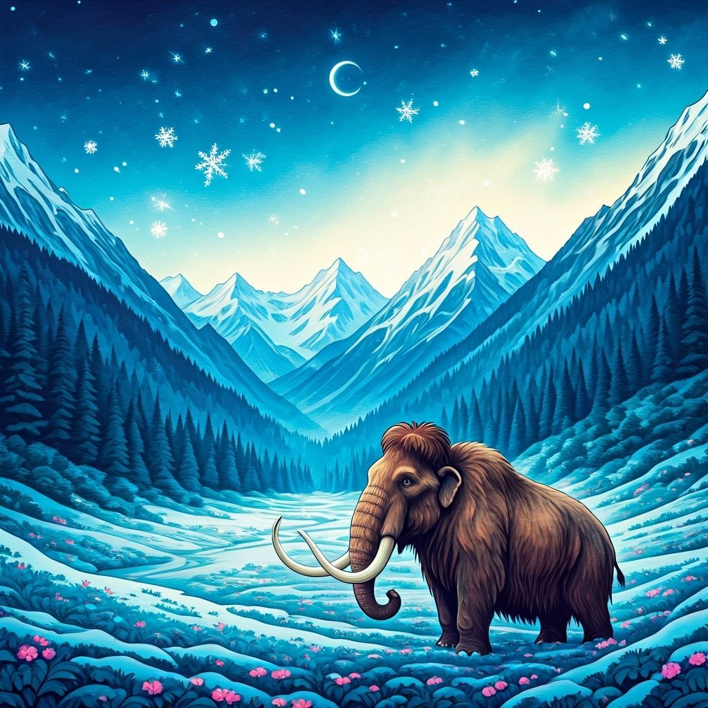 Woolly Mammoths in Watercolor Valley with Fairies