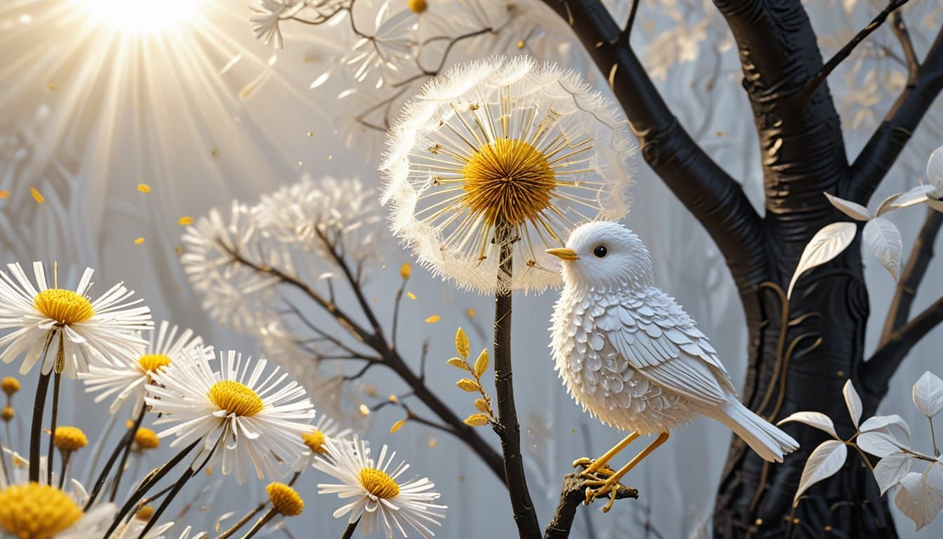 Bird with Dandelion Sun in Paper Art Style