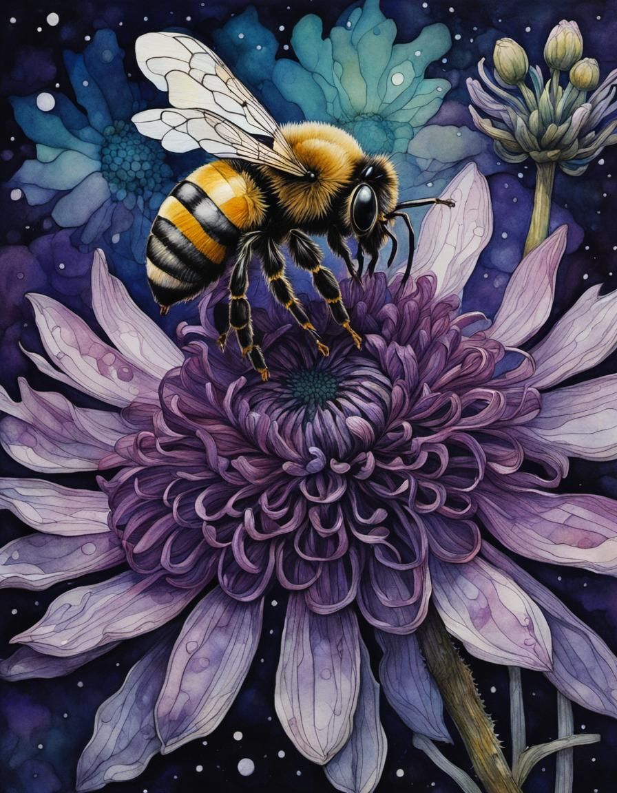 Bee on Purple Chrysanthemum in Magical Forest