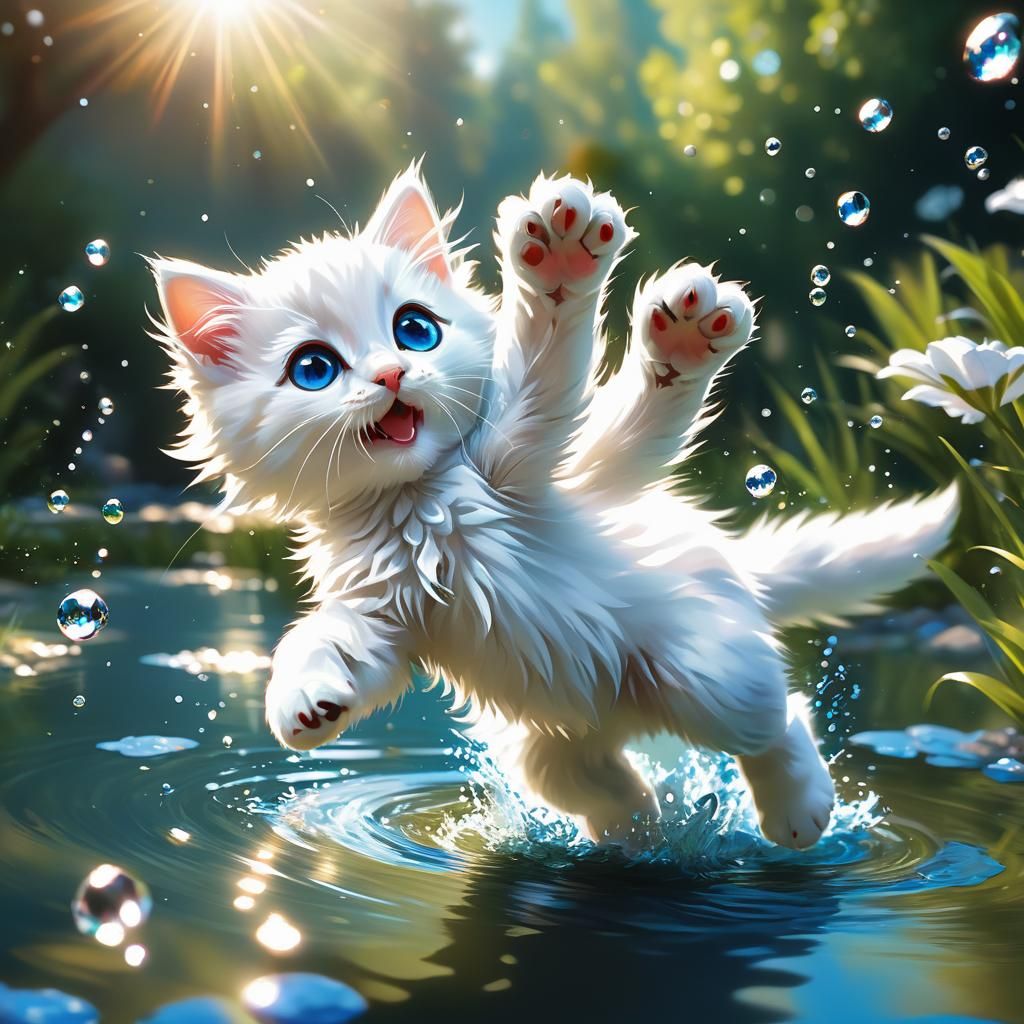 White Kitten Leaping to Pond in Digital Art