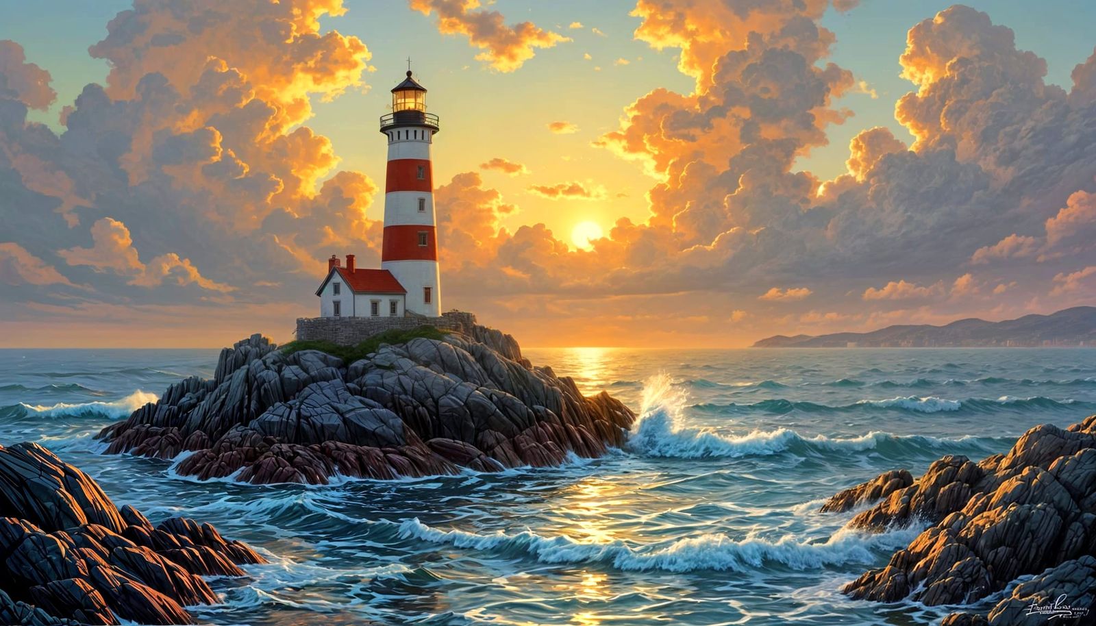 Lighthouse on Rocky Outcrop at Sunset, Thomas Kinkade Style