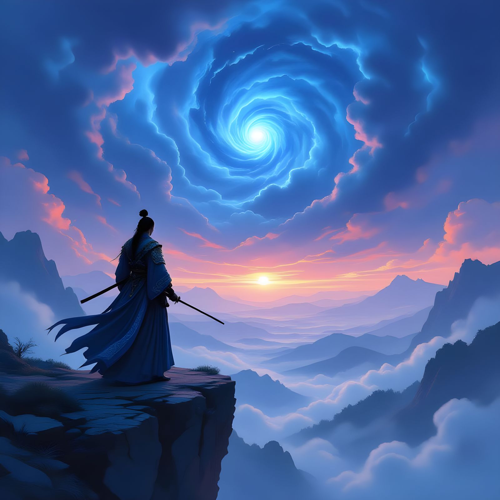 Samurai Warrior on Precipice Overlooking Misty Valley