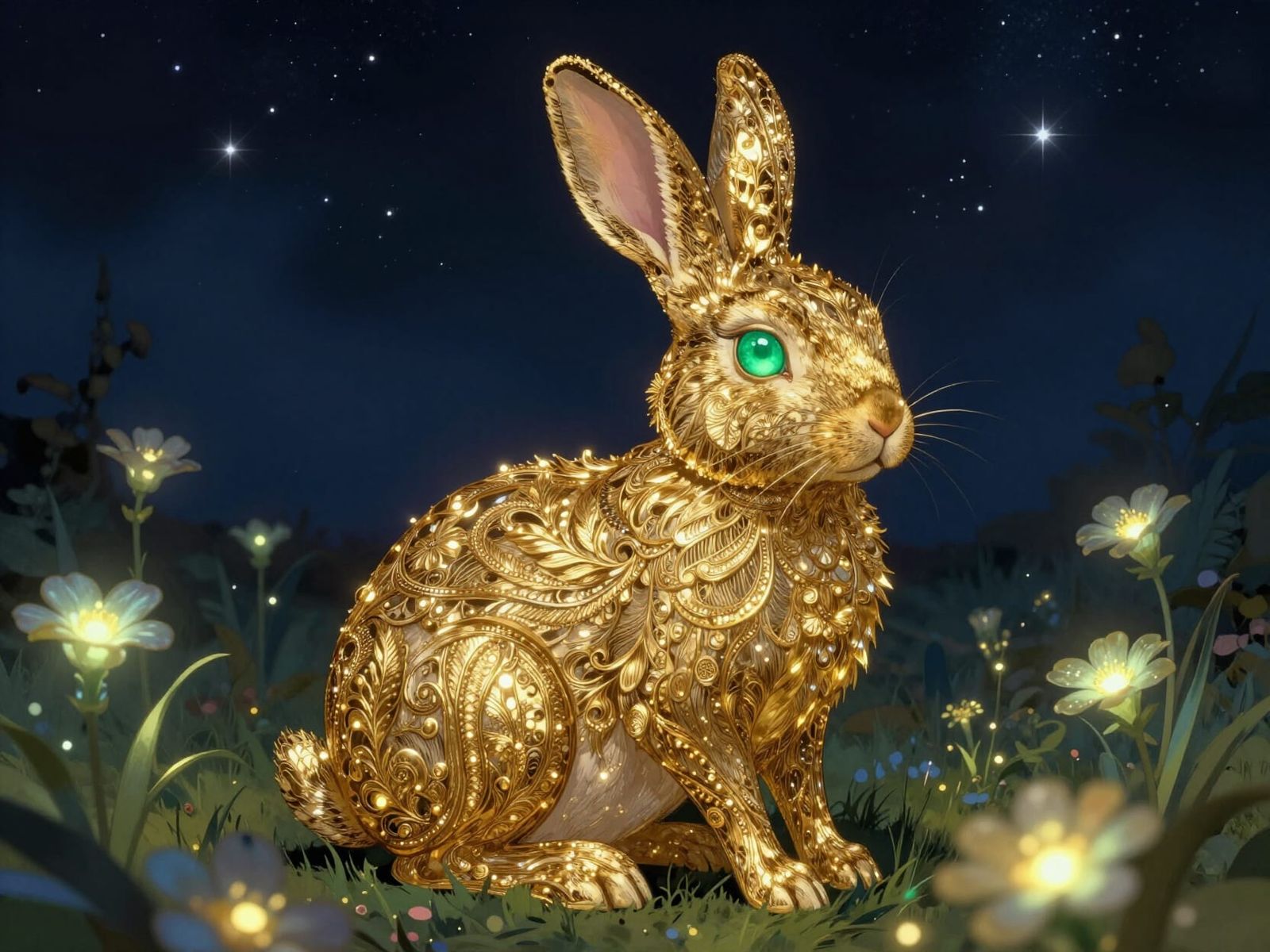 Golden Rabbit with Emerald Eyes in Bioluminescent Field