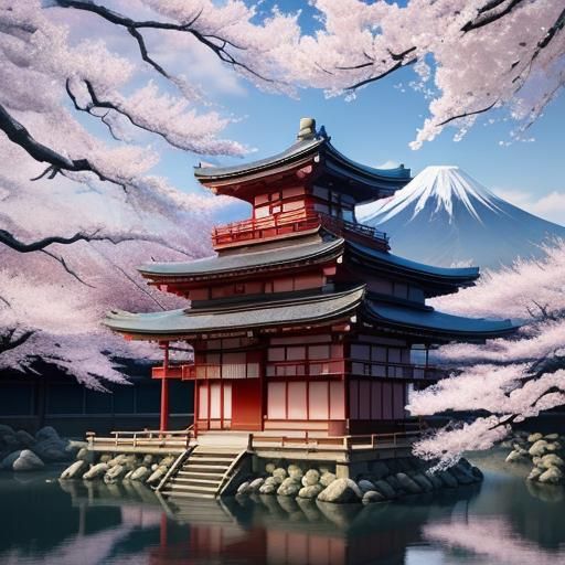 Serene Shinto Shrine at Mt. Fuji: Woodblock Print