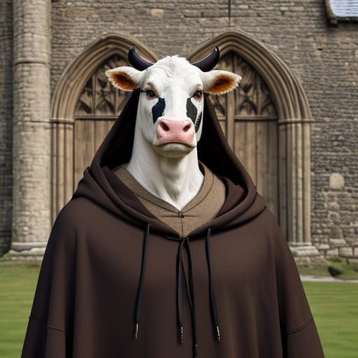 Anthropomorphic Cow in Robe Outside Abbey