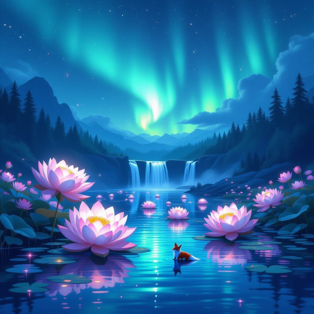 Glowing Lotus Lake with Aurora, Glitch Art Style