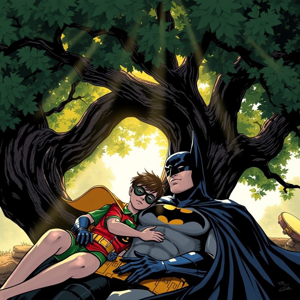 Batman and Robin Sleeping Under Shady Tree