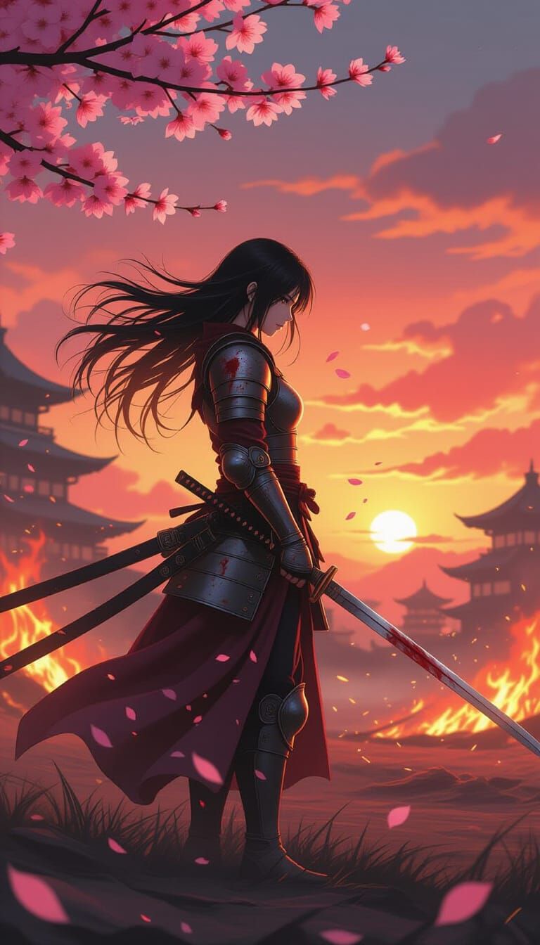 Warrior Girl on Battlefield with Cherry Blossoms