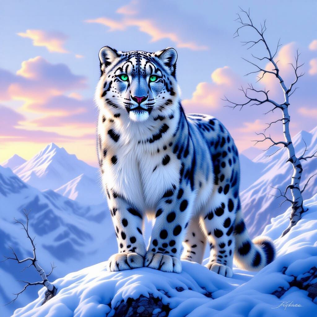 Snow Leopard on Glacial Ridge in Hyperrealistic Style