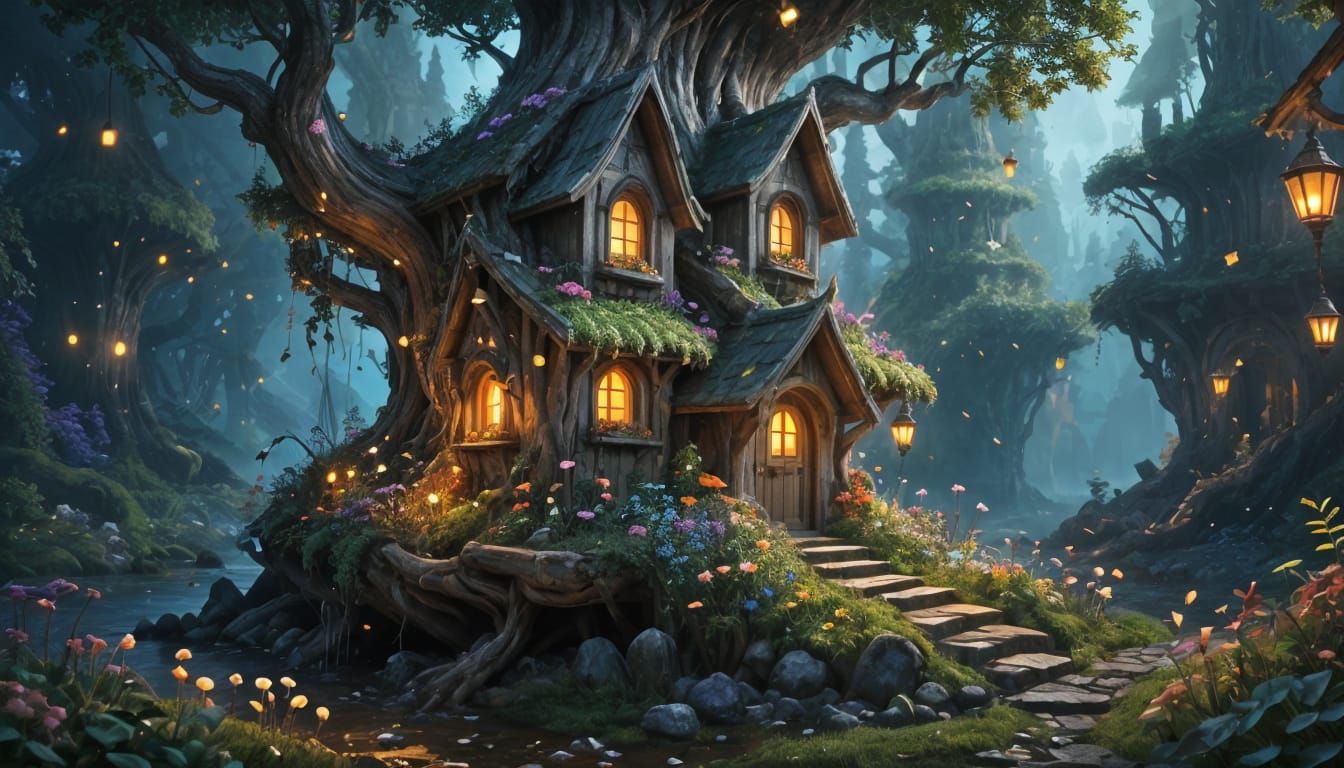 Magical Tree Trunk Gnome House with Glowing Lights
