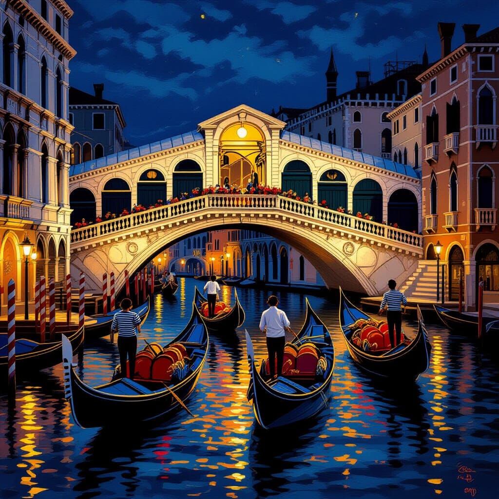 Venice Gondolas Under Illuminated Bridge at Night