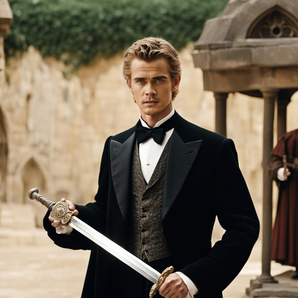 Person in Tuxedo Holding Medieval Sword