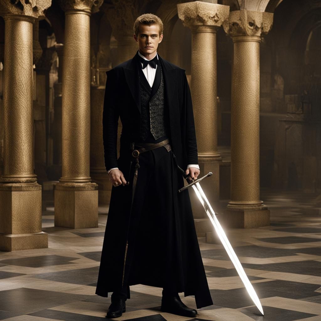 Man in Tuxedo Holding Medieval Sword