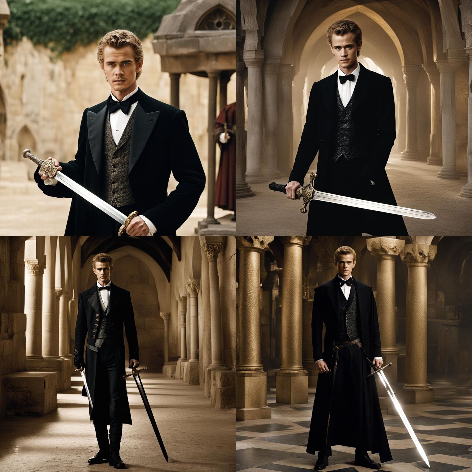 Man in Tuxedo Holding Medieval Sword
