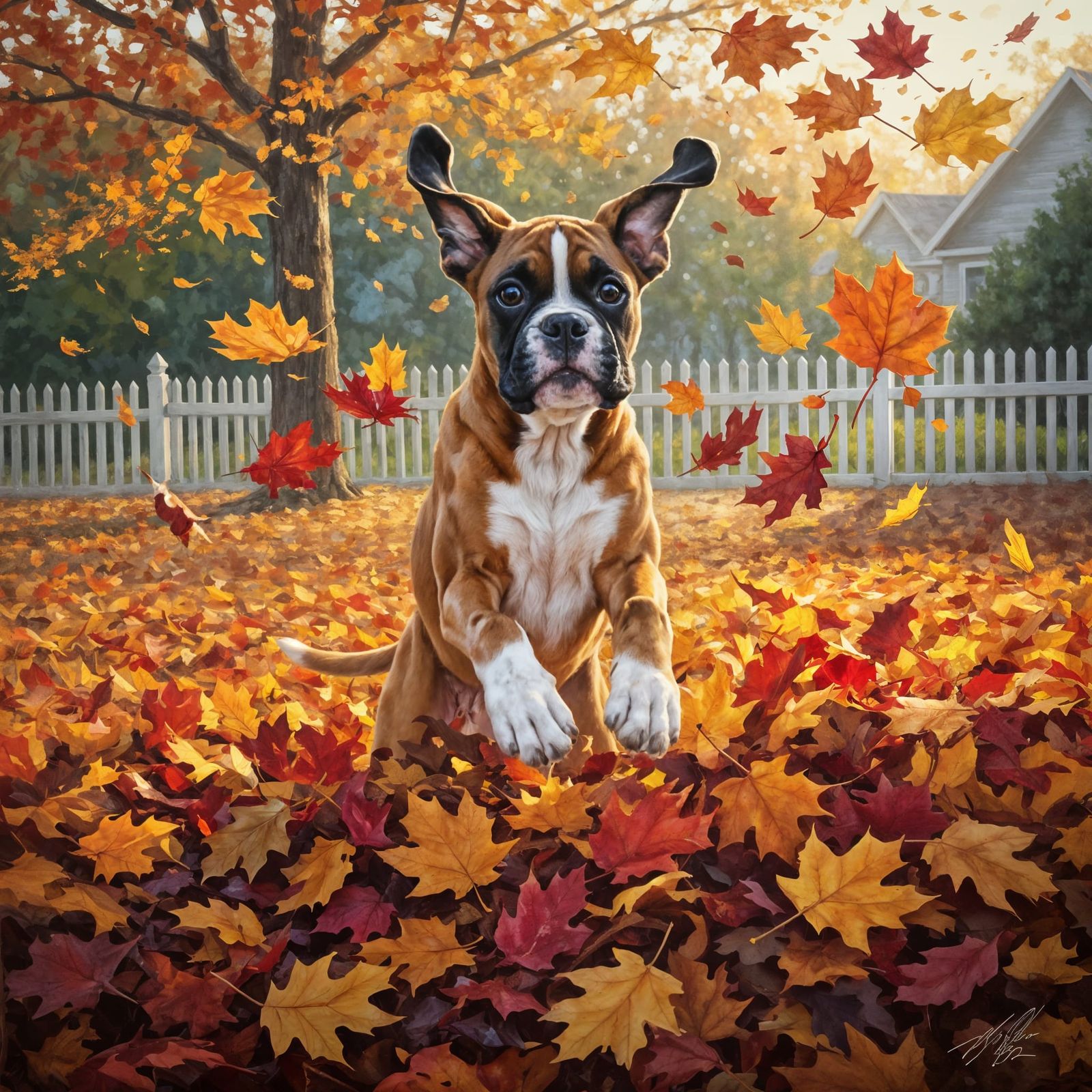 Joyful Boxer Puppy Leaping Through Autumn Leaves