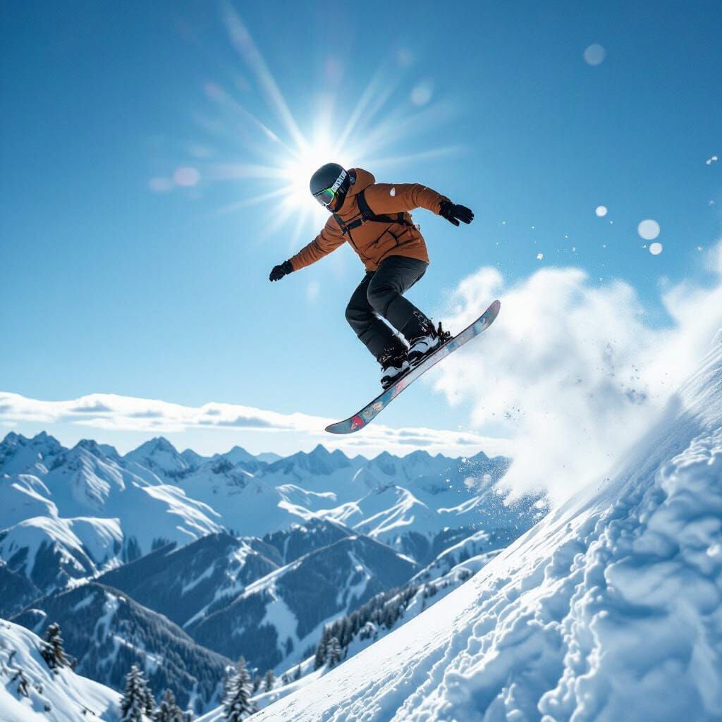 Snowboarder Jumps Majestic Mountains in Cinematic Film Still