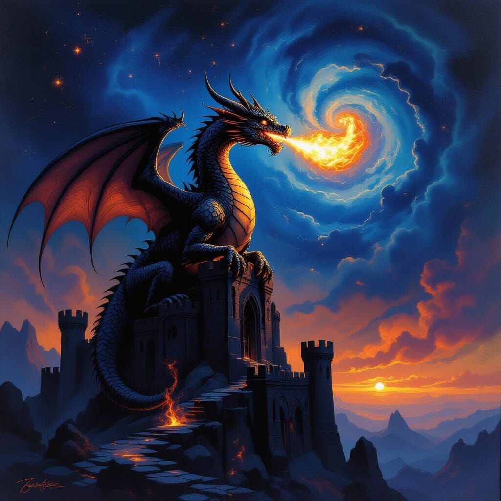 Surreal Dragon Over Obsidian Castle Oil Painting