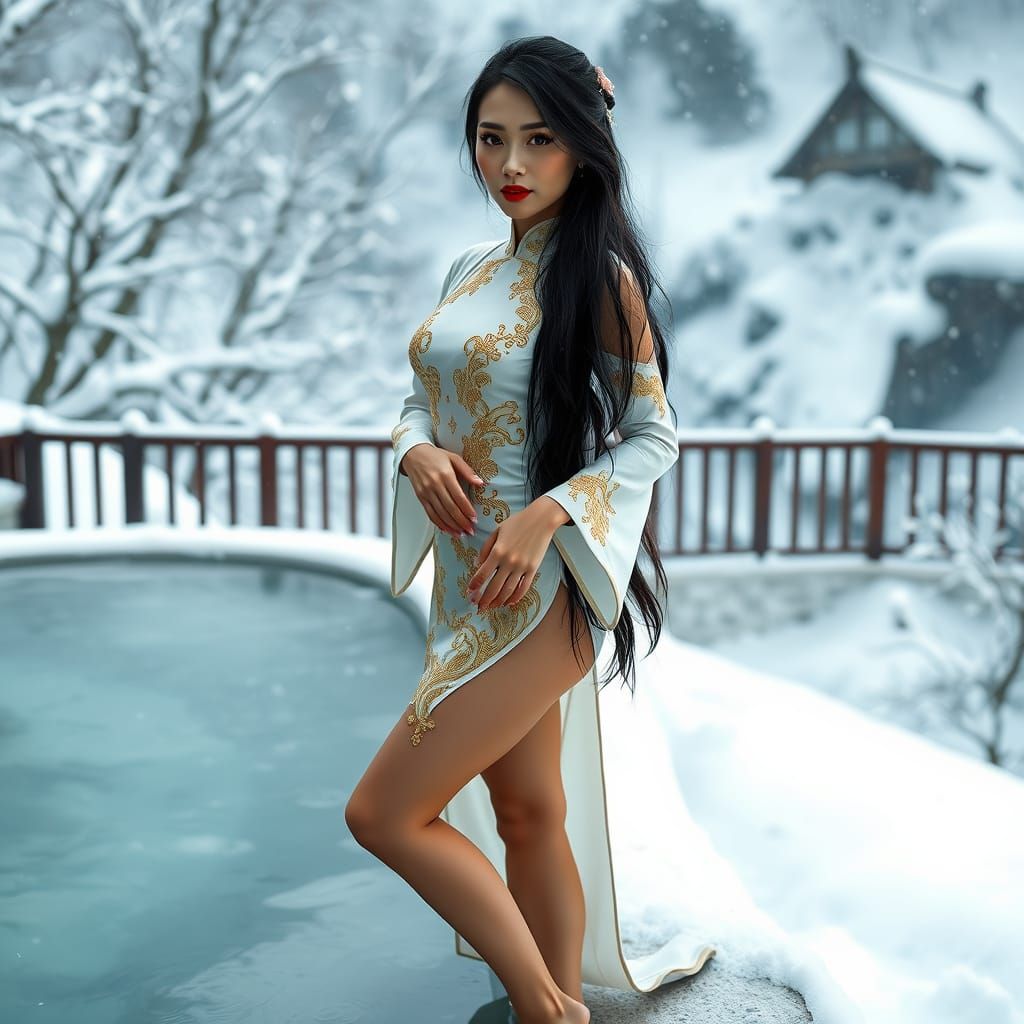Chinese Mistress in Snowy Onsen, Dark Fantasy Style