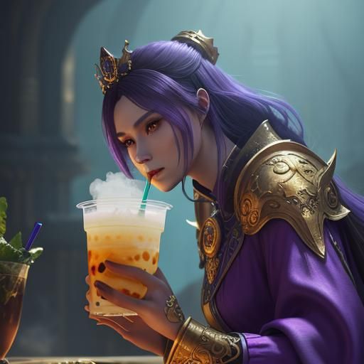 Fantasy Queen Sipping Boba Tea in Ornate Palace