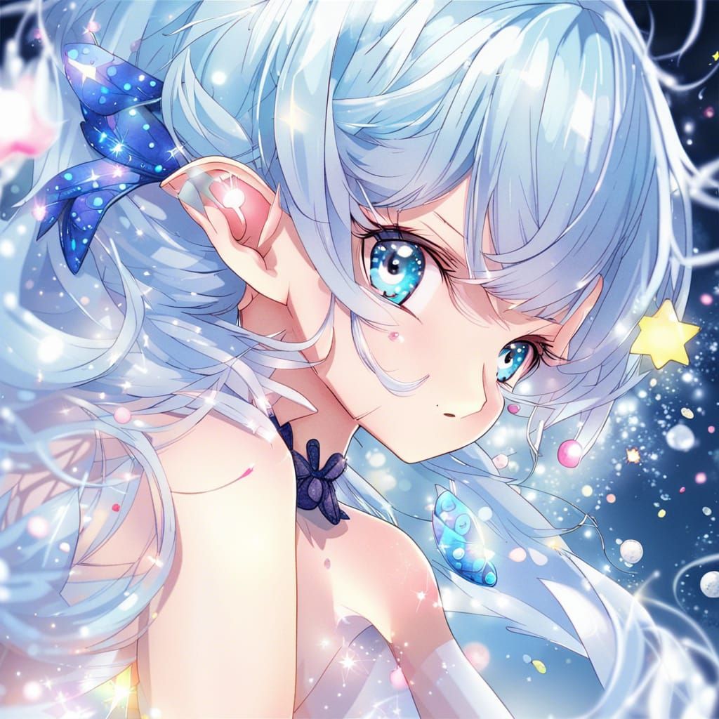 Anime Girl with Blue Hair and Fairy Lights