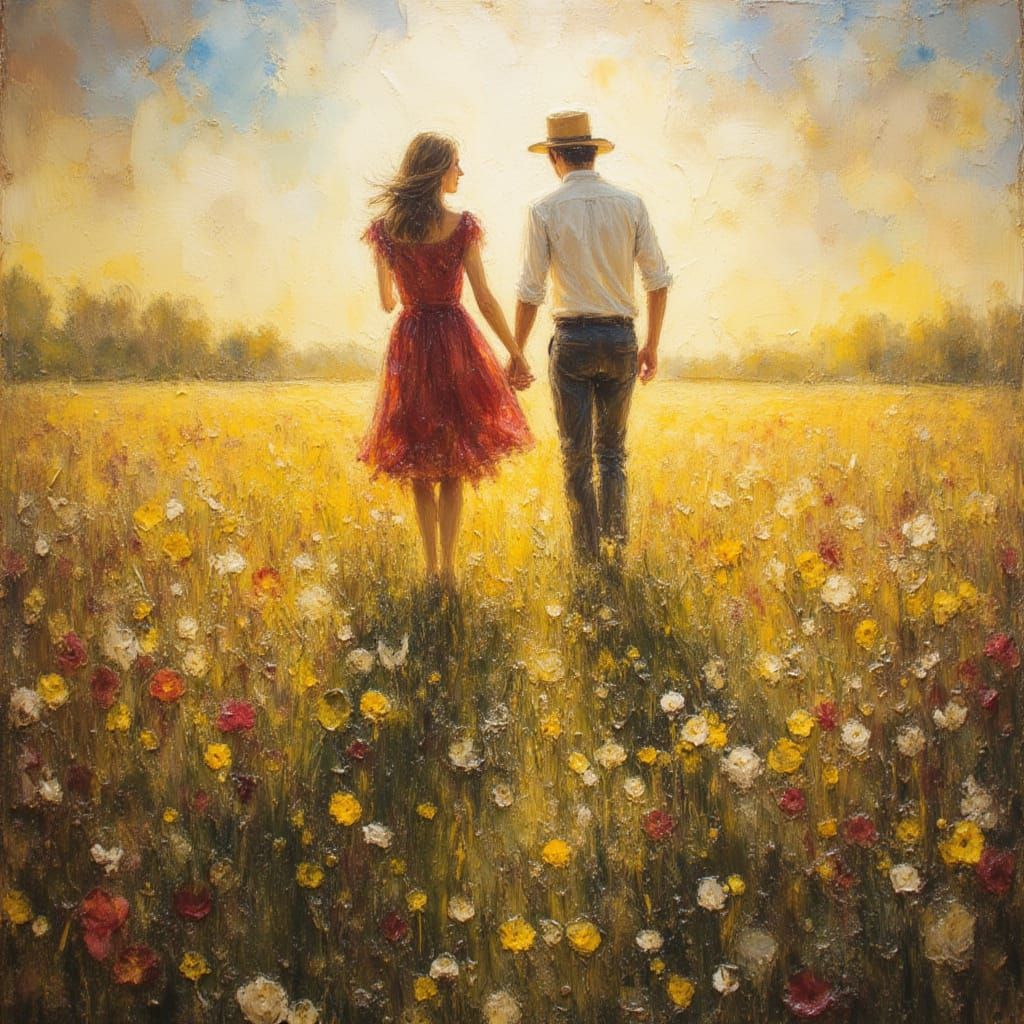 Lovers in Spring Meadow: Encaustic Oil Painting