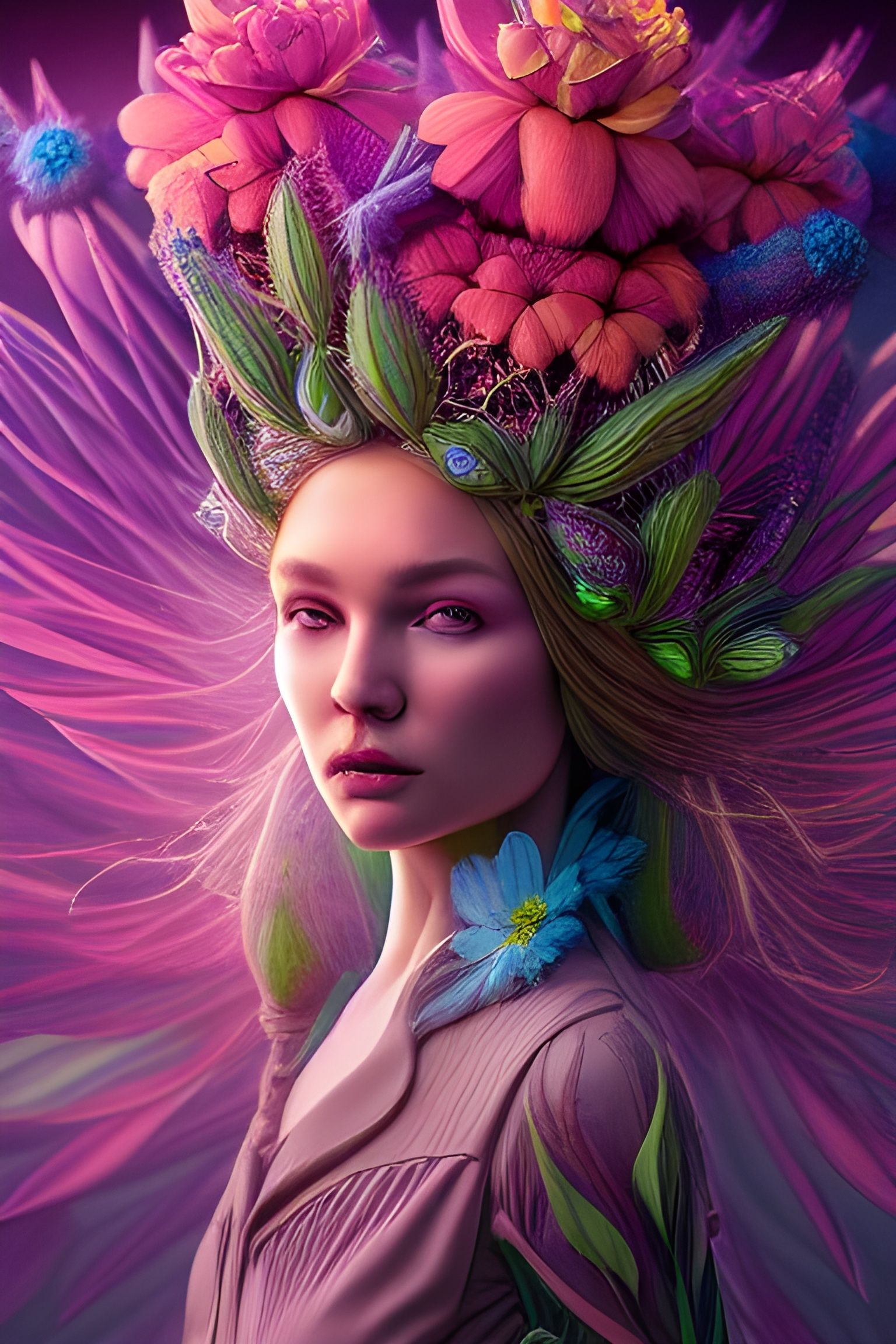 Peacock Flower Queen: Detailed CGI Portrait