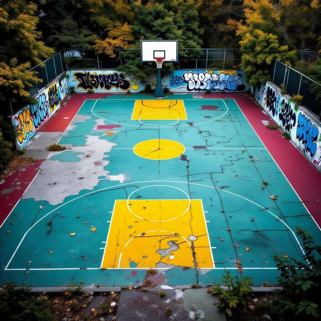 Abandoned Basketball Court: A Study in Neglect
