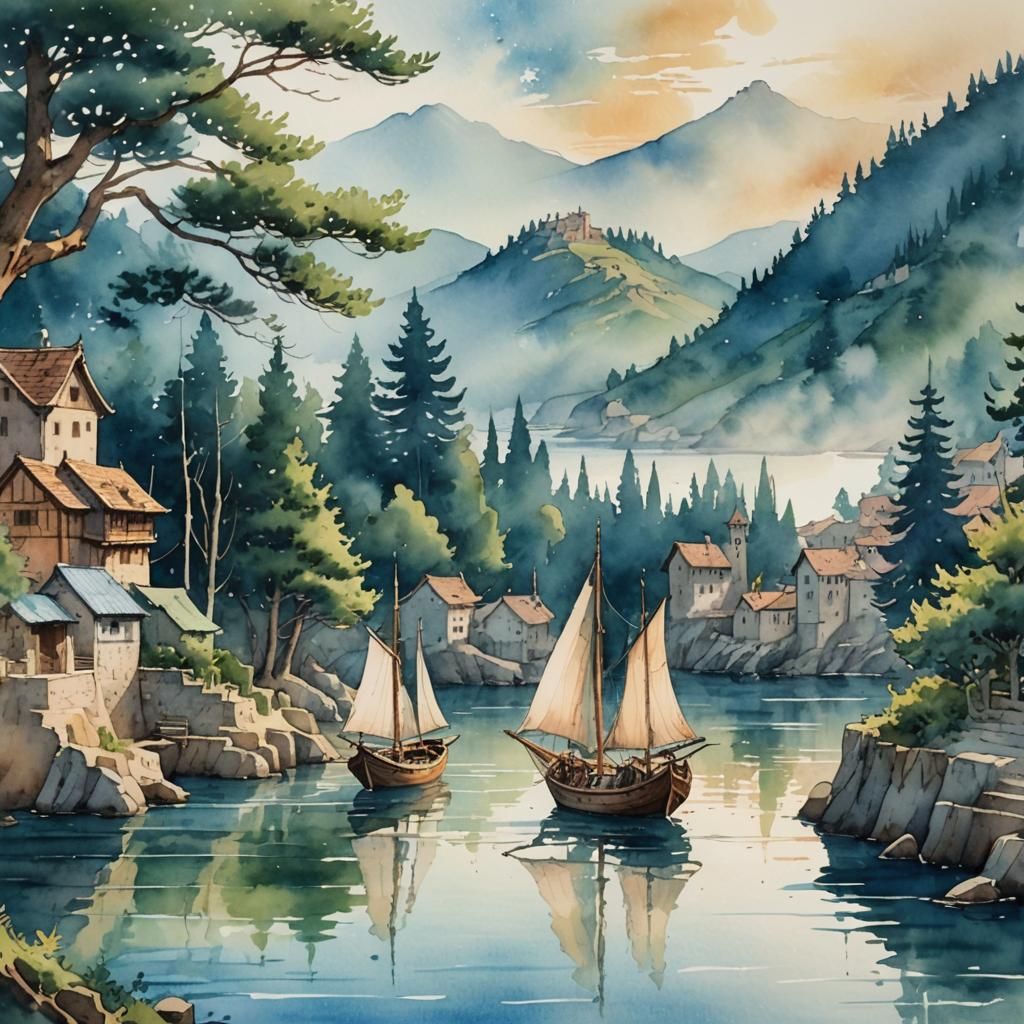 Anime Style Watercolor Painting of Medieval Port