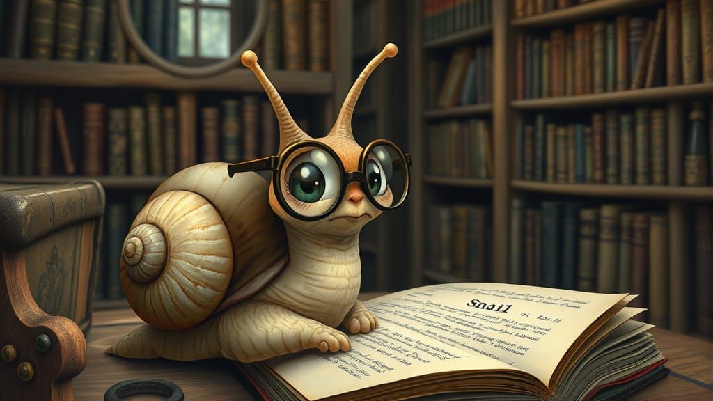 Snail Reads Dictionary in Beatrix Potter Style