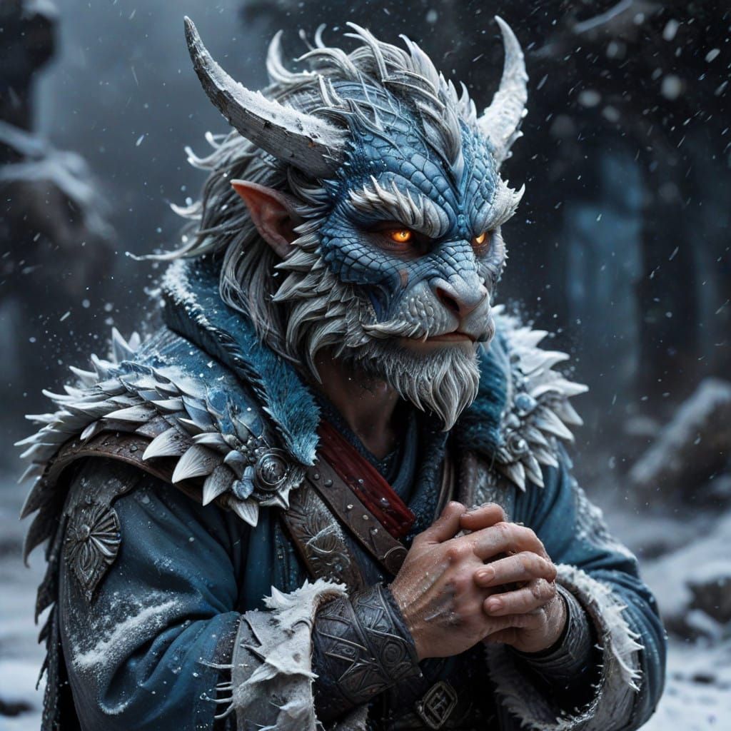 Viking and Tiny Dragon in Snowy Storm