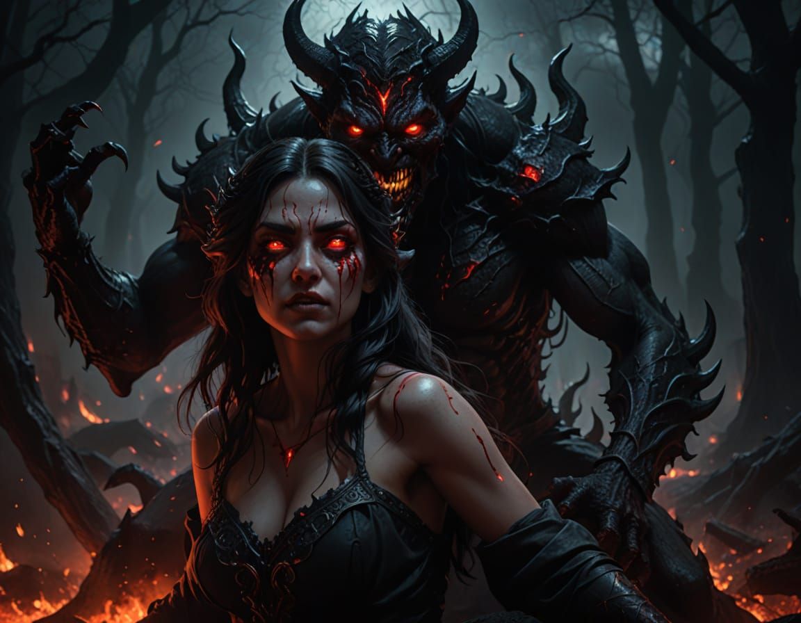 Demonic Embrace in a Hellscape, Dark Fantasy Art