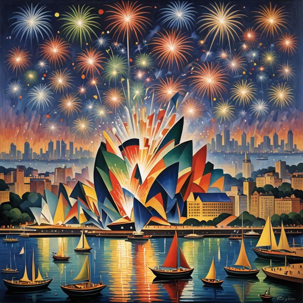 Sydney Harbor Fireworks in Abstract Cubist Style